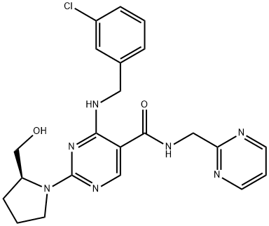 5-Pyrimidinecarboxamide, 4-[[(3-chlorophenyl)methyl]amino]-2-[(2S)-2-(hydroxymethyl)-1-pyrrolidinyl]-N-(2-pyrimidinylmethyl)- Structure