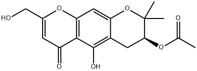 2H,6H-Benzo[1,2-b:5,4-b']dipyran-6-one, 3-(acetyloxy)-3,4-dihydro-5-hydroxy-8-(hydroxymethyl)-2,2-dimethyl-, (3S)- Structure