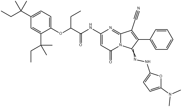 Butanamide,  2-[2,4-bis(1,1-dimethylpropyl)phenoxy]-N-[8-cyano-6-[[5-(dimethylamino)-2-furanyl]hydrazono]-4,6-dihydro-4-oxo-7-phenylpyrrolo[1,2- Structure