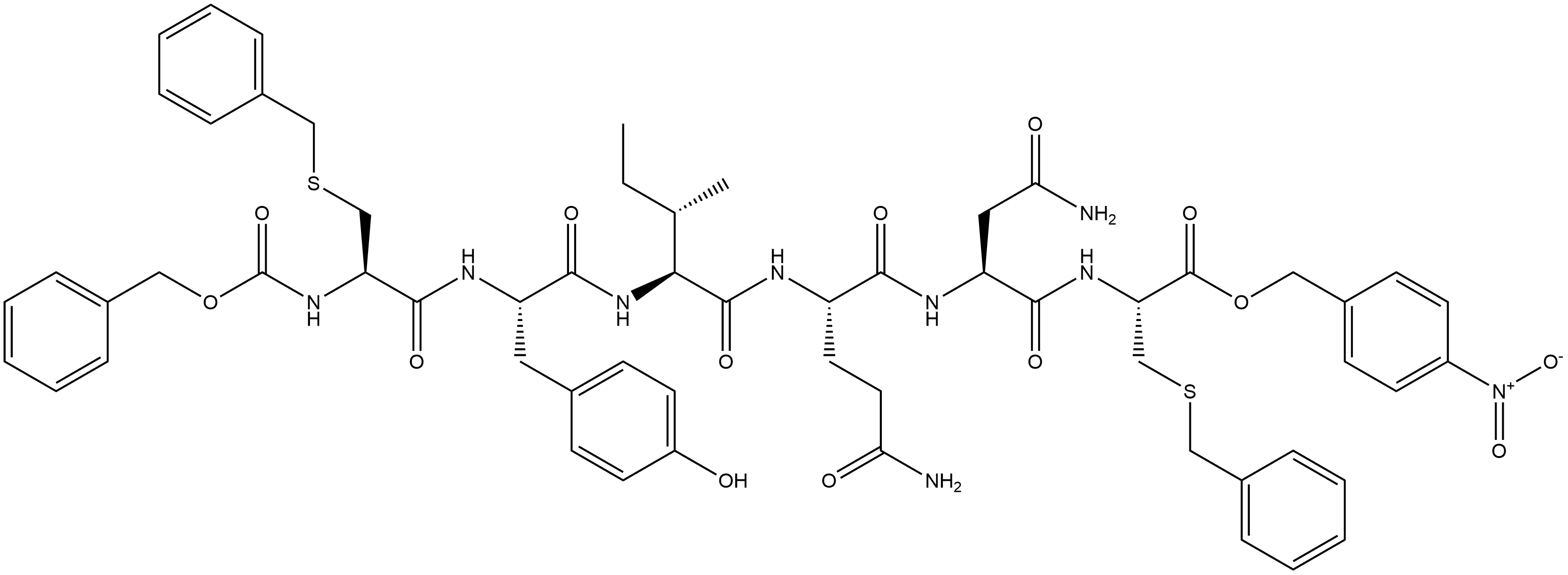 Alanine, 3-(benzylthio)-N-[N2-[N2-[N-[N-[3-(benzylthio)-N-carboxy-L-alanyl]-L-tyrosyl]-L-isoleucyl]-L-glutaminyl]-L-asparaginyl]-, N-benzyl p-nitrobenzyl ester, L- (8CI),34027-25-3,结构式