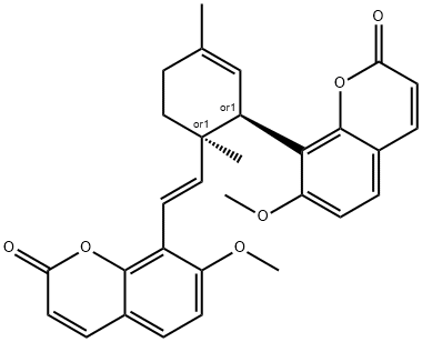 rel-7-メトキシ-8-[(E)-2-[2α*-(7-メトキシ-2-オキソ-2H-1-ベンゾピラン-8-イル)-1,4-ジメチル-3-シクロヘキセン-1α*-イル]エテニル]-2H-1-ベンゾピラン-2-オン 化学構造式