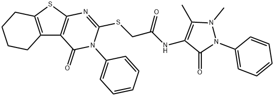 N-(1,5-dimethyl-3-oxo-2-phenylpyrazol-4-yl)-2-[(4-oxo-3-phenyl-5,6,7,8-tetrahydro-[1]benzothiolo[2,3-d]pyrimidin-2-yl)sulfanyl]acetamide,345988-58-1,结构式