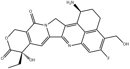 10H,13H-Benzo[de]pyrano[3',4':6,7]indolizino[1,2-b]quinoline-10,13-dione, 1-amino-9-ethyl-5-fluoro-1,2,3,9,12,15-hexahydro-9-hydroxy-4-(hydroxymethyl)-, (1S,9S)- (9CI) Struktur