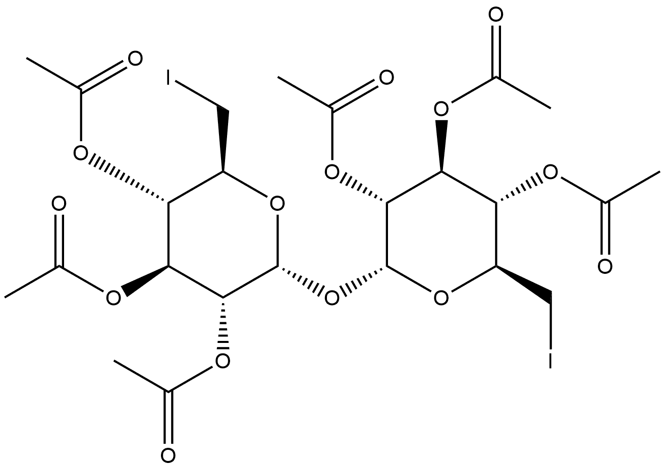 α-D-Glucopyranoside, 2,3,4-tri-O-acetyl-6-deoxy-6-iodo-α-D-glucopyranosyl 6-deoxy-6-iodo-, 2,3,4-triacetate Structure