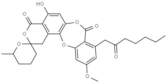 350242-64-7 Spiro[2H,8H-[1,4]benzodioxepino[2,3-f][2]benzopyran-2,2'-[2H]pyran]-4,8(1H)-dione, 3',4',5',6'-tetrahydro-5-hydroxy-11-methoxy-6'-methyl-9-(2-oxoheptyl)-