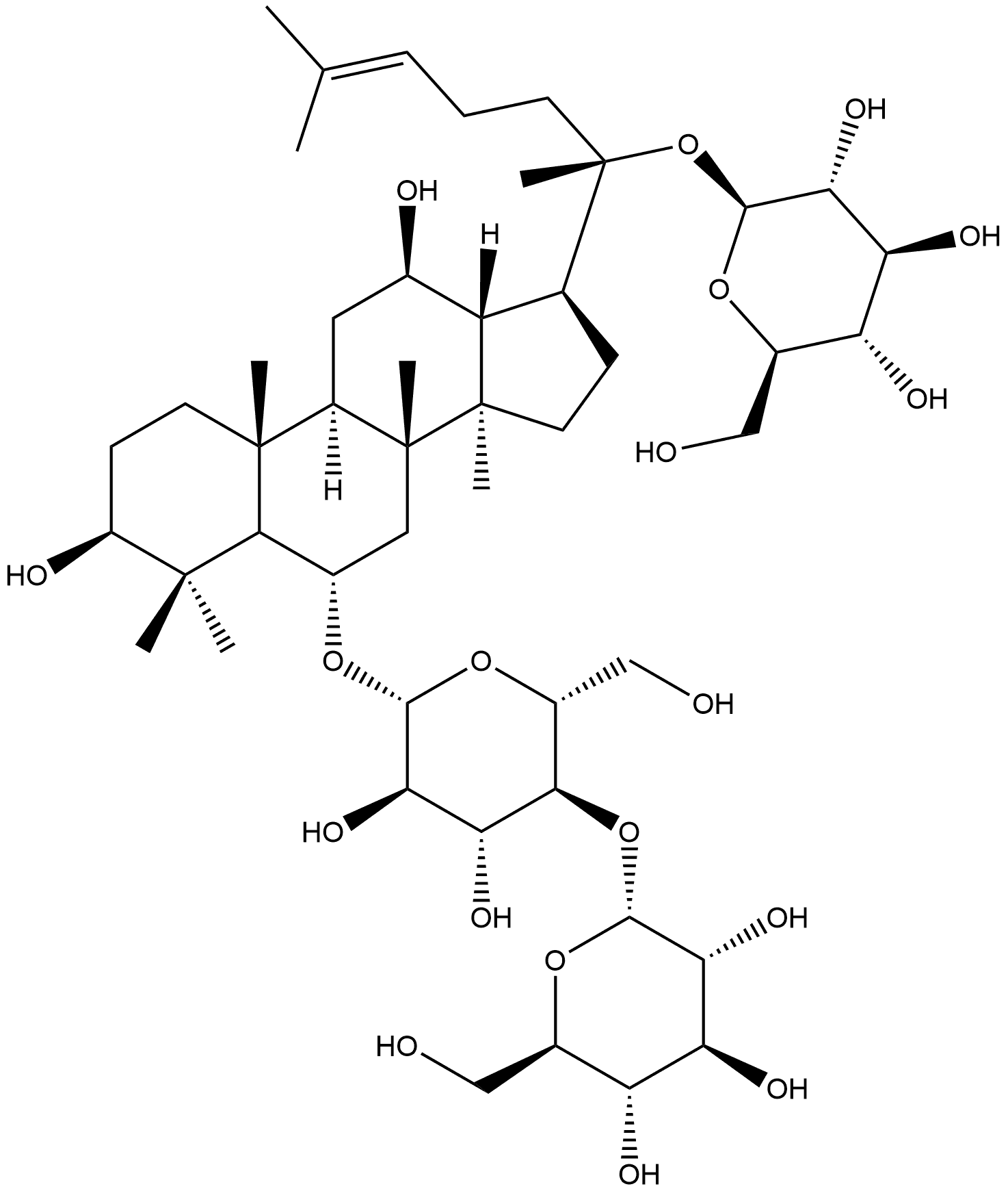 β-D-Glucopyranoside, (3β,6α,12β)-20-(β-D-glucopyranosyloxy)-3,12-dihydroxydammar-24-en-6-yl 4-O-α-D-glucopyranosyl- Struktur