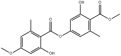 Benzoic acid, 2-hydroxy-4-[(2-hydroxy-4-methoxy-6-methylbenzoyl)oxy]-6-methyl-, methyl ester Struktur