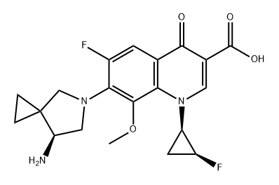 3-Quinolinecarboxylic acid, 7-[(7S)-7-amino-5-azaspiro[2.4]hept-5-yl]-6-fluoro-1-[(1R,2S)-2-fluorocyclopropyl]-1,4-dihydro-8-methoxy-4-oxo- Struktur