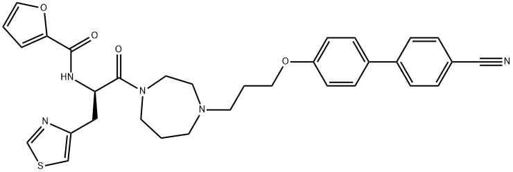 2-Furancarboxamide, N-[(1R)-2-[4-[3-[(4'-cyano[1,1'-biphenyl]-4-yl)oxy]propyl]hexahydro-1H-1,4-diazepin-1-yl]-2-oxo-1-(4-thiazolylmethyl)ethyl]- 化学構造式