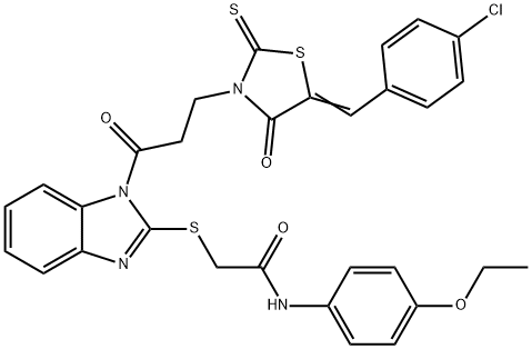 2-[1-[3-[(5Z)-5-[(4-chlorophenyl)methylidene]-4-oxo-2-sulfanylidene-1,3-thiazolidin-3-yl]propanoyl]benzimidazol-2-yl]sulfanyl-N-(4-ethoxyphenyl)acetamide Structure