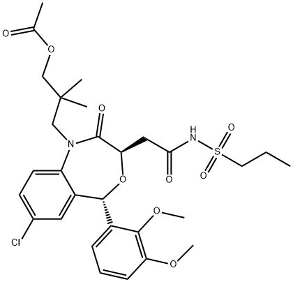 4,1-Benzoxazepine-3-acetamide, 1-[3-(acetyloxy)-2,2-dimethylpropyl]-7-chloro-5-(2,3-dimethoxyphenyl)-1,2,3,5-tetrahydro-2-oxo-N-(propylsulfonyl)-, (3R,5S)- Struktur