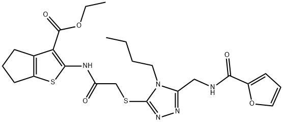 4H-Cyclopenta[b]thiophene-3-carboxylic acid, 2-[[2-[[4-butyl-5-[[(2-furanylcarbonyl)amino]methyl]-4H-1,2,4-triazol-3-yl]thio]acetyl]amino]-5,6-dihydro-, ethyl ester 化学構造式