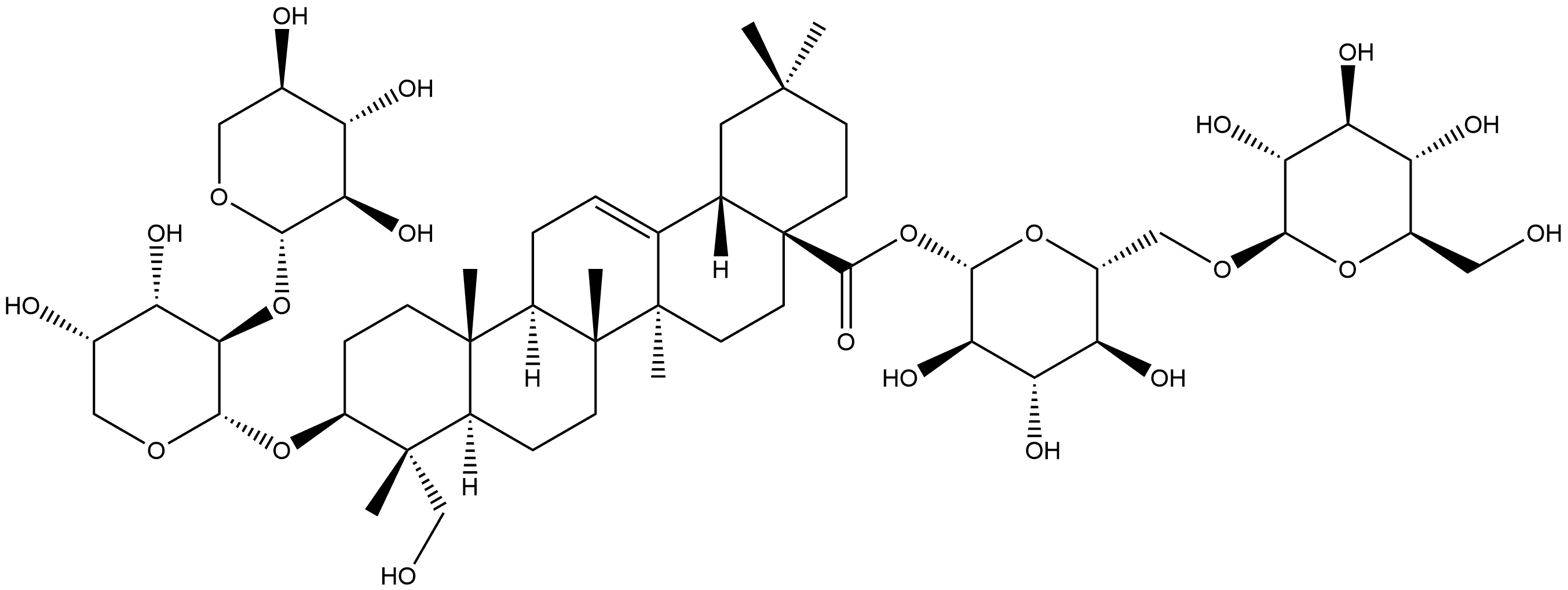 Olean-12-en-28-oic acid, 23-hydroxy-3-[(2-O-β-D-xylopyranosyl-α-L-arabinopyranosyl)oxy]-, 6-O-β-D-glucopyranosyl-β-D-glucopyranosyl ester, (3β,4α)- Struktur