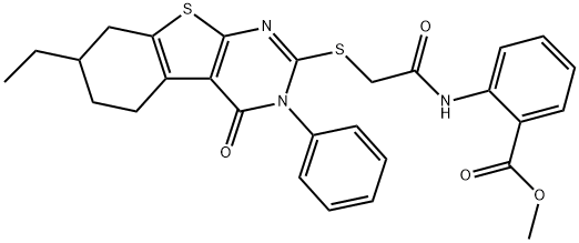 methyl 2-[[2-[(7-ethyl-4-oxo-3-phenyl-5,6,7,8-tetrahydro-[1]benzothiolo[2,3-d]pyrimidin-2-yl)sulfanyl]acetyl]amino]benzoate Structure