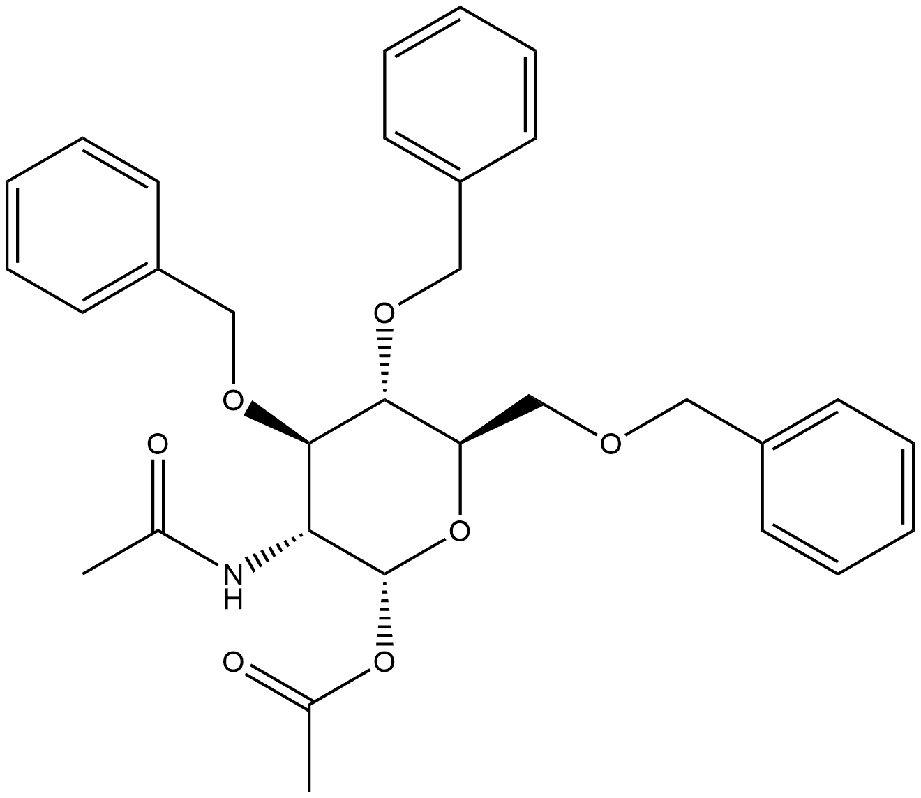 α-D-Glucopyranose, 2-(acetylamino)-2-deoxy-3,4,6-tris-O-(phenylmethyl)-, 1-acetate Structure