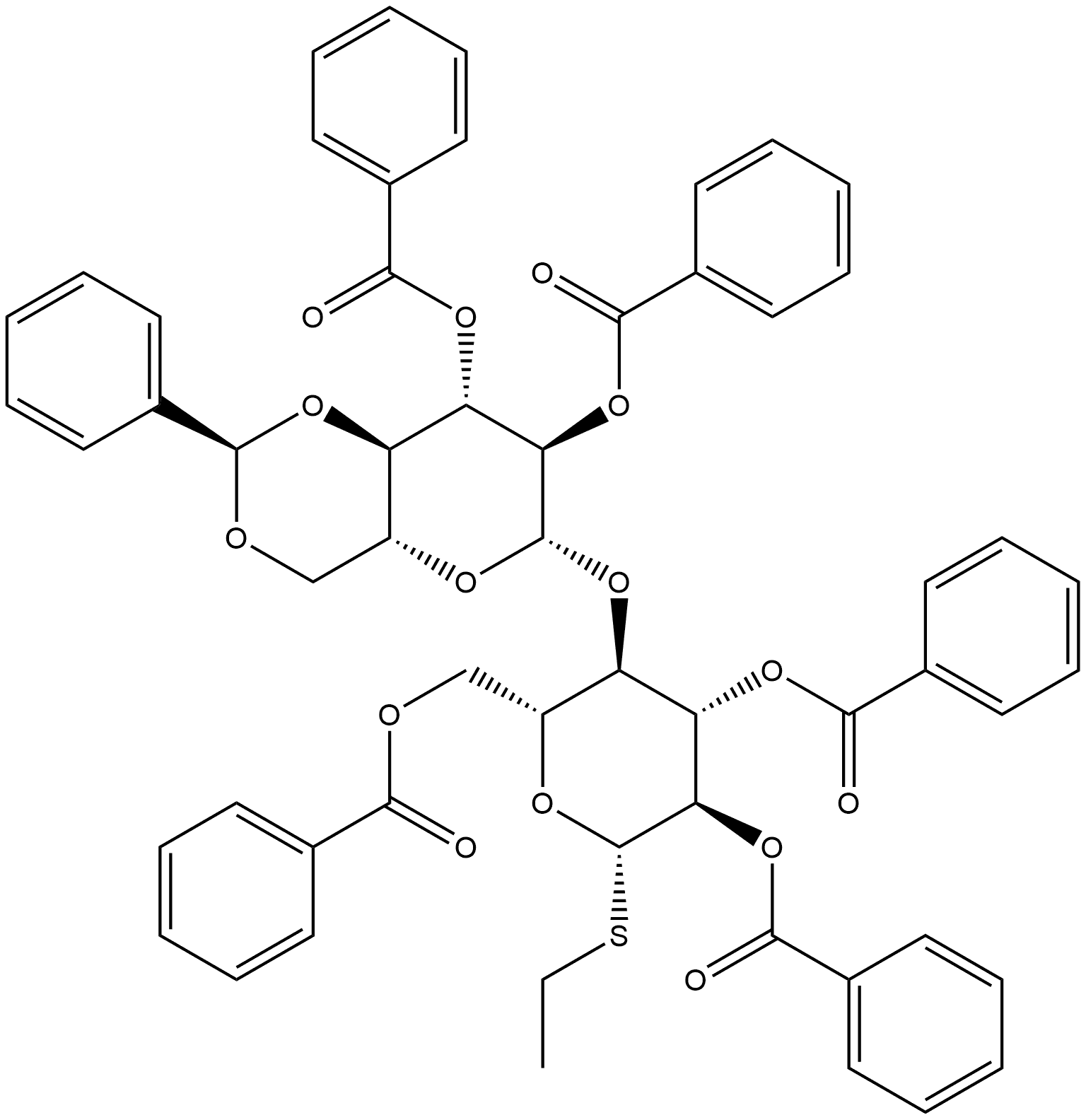 B - D - Glucopyranoside , ethyl 4-0
- [ 2,3 - di - O -benzoyl - 4,6-0 - [ ( R
) -phenylmethylene ] - - D - gluco
pyranosyl ] -1 - thio- , tribenzoate 结构式