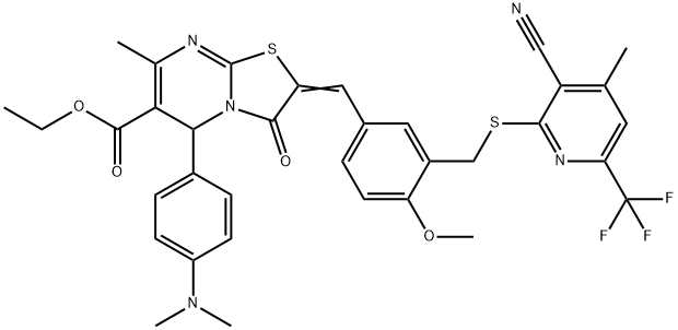 ethyl 2-[3-({[3-cyano-4-methyl-6-(trifluoromethyl)-2-pyridinyl]sulfanyl}methyl)-4-methoxybenzylidene]-5-[4-(dimethylamino)phenyl]-7-methyl-3-oxo-2,3-dihydro-5H-[1,3]thiazolo[3,2-a]pyrimidine-6-carboxy
late|