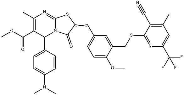 methyl 2-[3-({[3-cyano-4-methyl-6-(trifluoromethyl)-2-pyridinyl]sulfanyl}methyl)-4-methoxybenzylidene]-5-[4-(dimethylamino)phenyl]-7-methyl-3-oxo-2,3-dihydro-5H-[1,3]thiazolo[3,2-a]pyrimidine-6-carbox
ylate 化学構造式