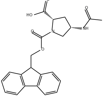 1,2-Pyrrolidinedicarboxylic acid, 4-(acetylamino)-, 1-(9H-fluoren-9-ylmethyl) ester, (2S,4S)- 化学構造式