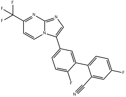 [1,1'-Biphenyl]-2-carbonitrile, 2',4-difluoro-5'-[7-(trifluoromethyl)imidazo[1,2-a]pyrimidin-3-yl]- 化学構造式
