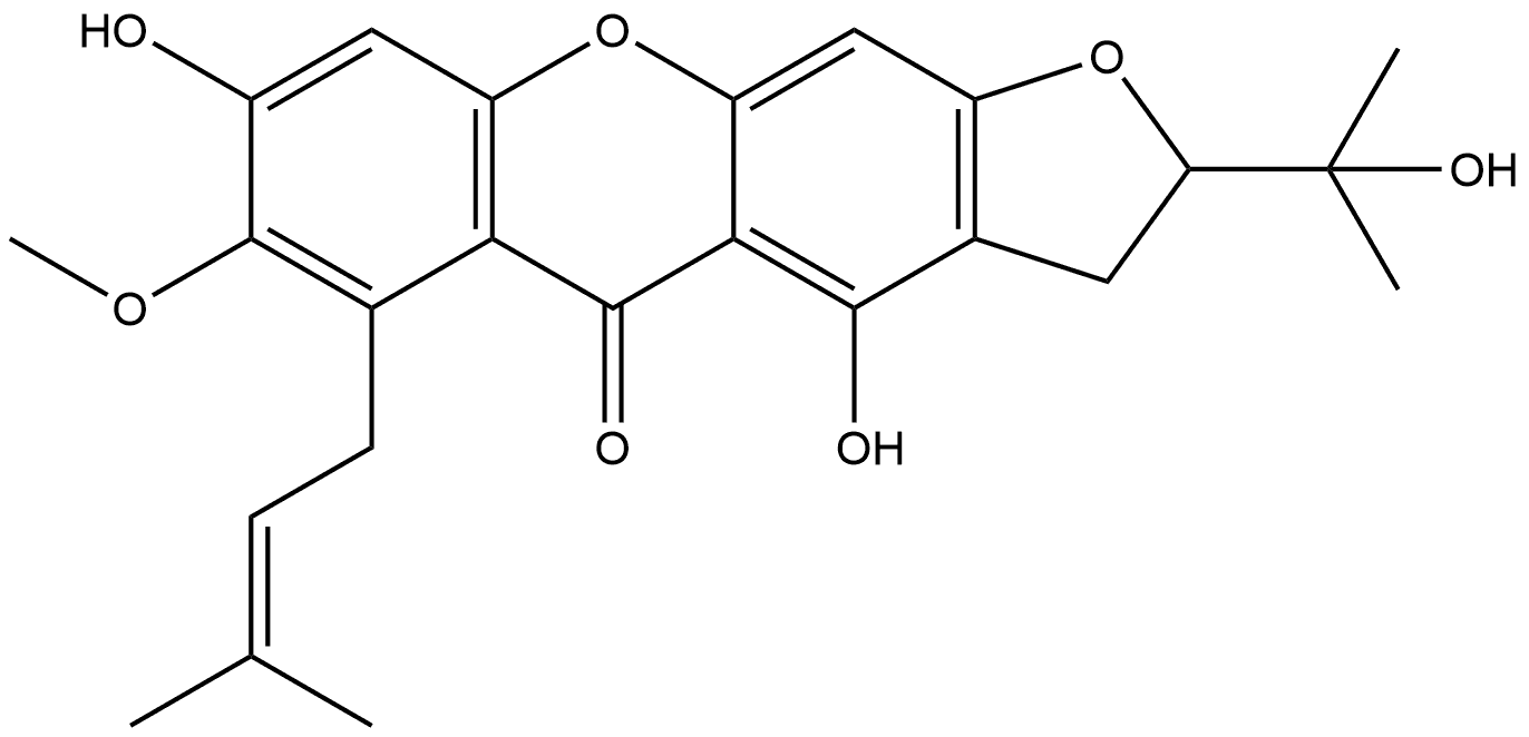 5H-Furo[3,2-b]xanthen-5-one, 2,3-dihydro-4,8-dihydroxy-2-(1-hydroxy-1-methylethyl)-7-methoxy-6-(3-methyl-2-buten-1-yl)-, (-)- Structure