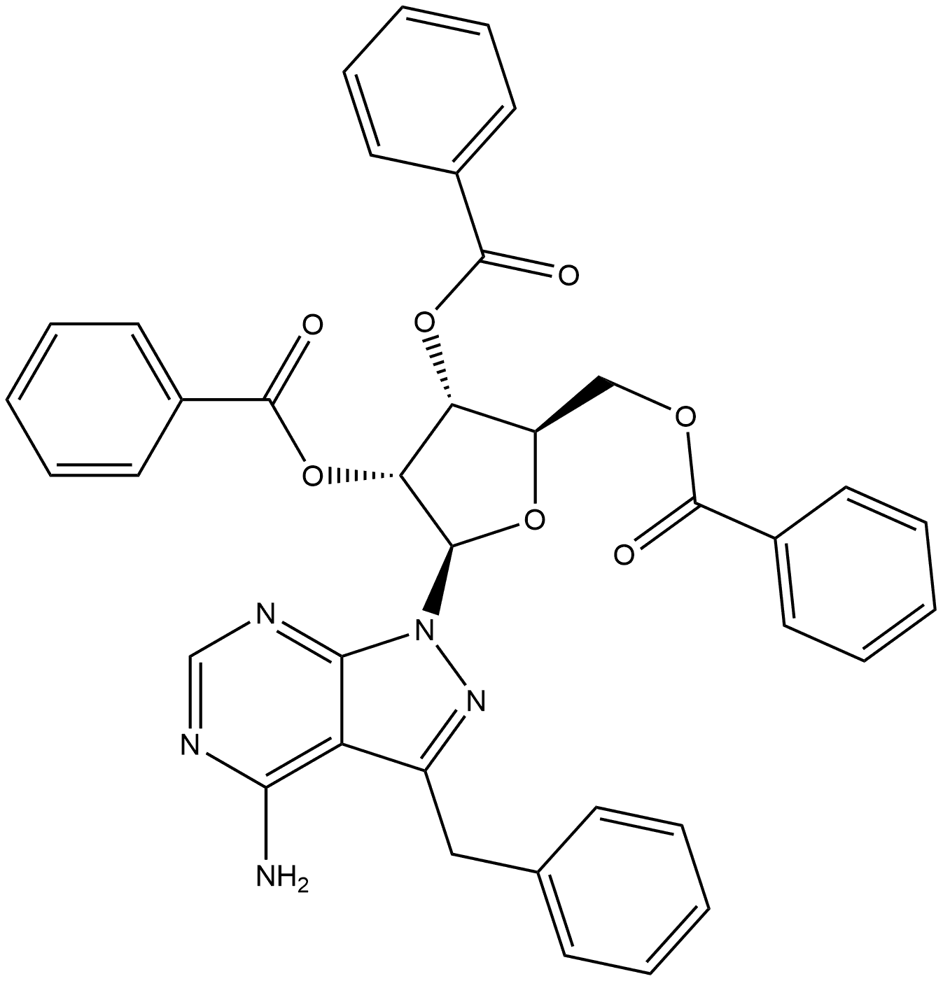 1H-Pyrazolo[3,4-d]pyrimidin-4-amine, 3-(phenylmethyl)-1-(2,3,5-tri-O-benzoyl-β-D-ribofuranosyl)- 结构式