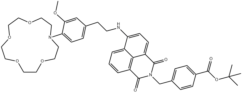 Benzoic acid, 4-[[6-[[2-[3-methoxy-4-(1,4,7,10-tetraoxa-13-azacyclopentadec-13-yl)phenyl]ethyl]amino]-1,3-dioxo-1H-benz[de]isoquinolin-2(3H)-yl]methyl]-, 1,1-dimethylethyl ester Struktur