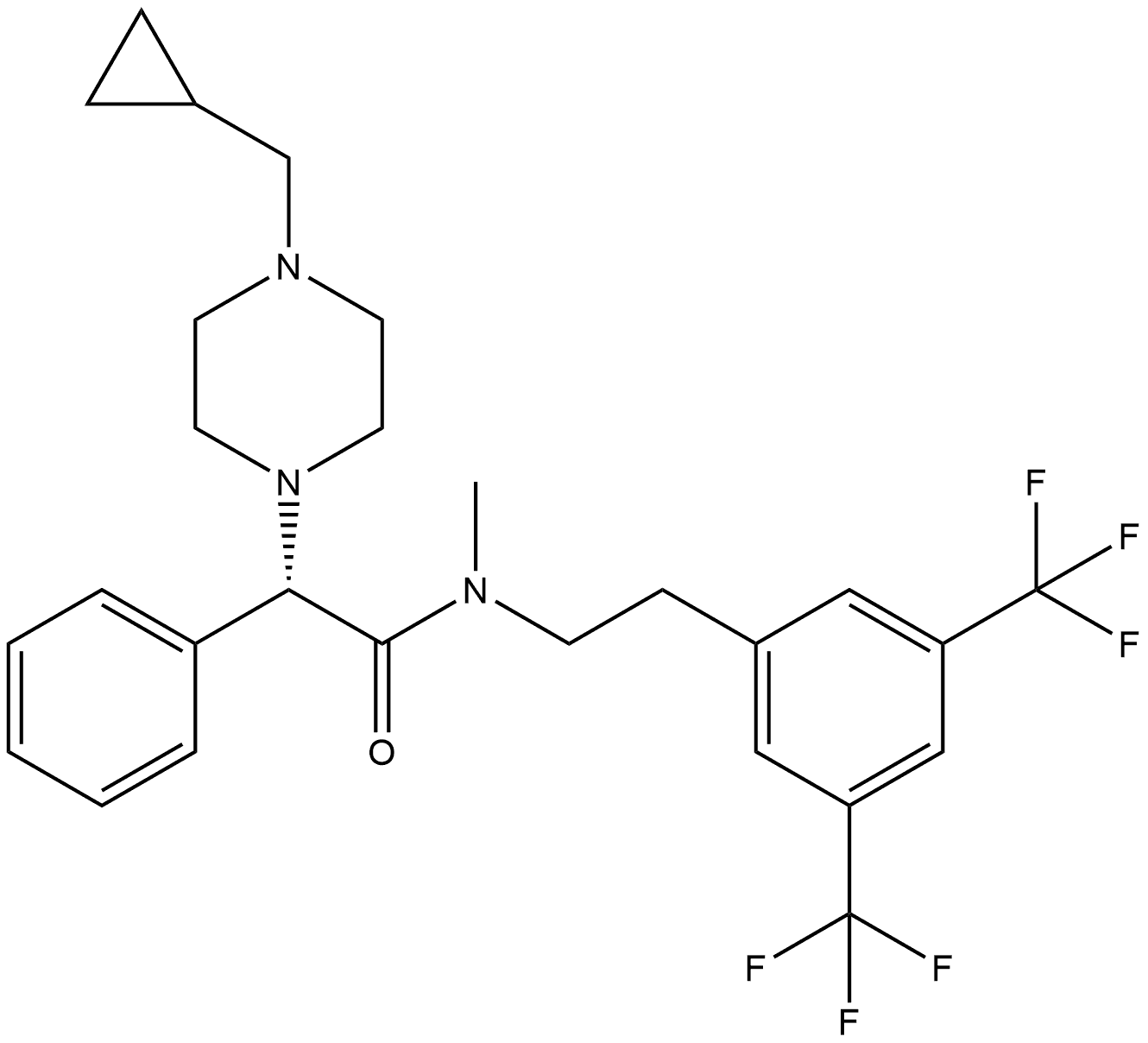 1-Piperazineacetamide, N-[2-[3,5-bis(trifluoromethyl)phenyl]ethyl]-4-(cyclopropylmethyl)-N-methyl-α-phenyl-, (αS)- 化学構造式