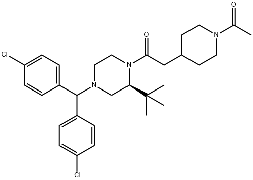 Ethanone, 2-(1-acetyl-4-piperidinyl)-1-[(2S)-4-[bis(4-chlorophenyl)methyl]-2-(1,1-dimethylethyl)-1-piperazinyl]- 化学構造式