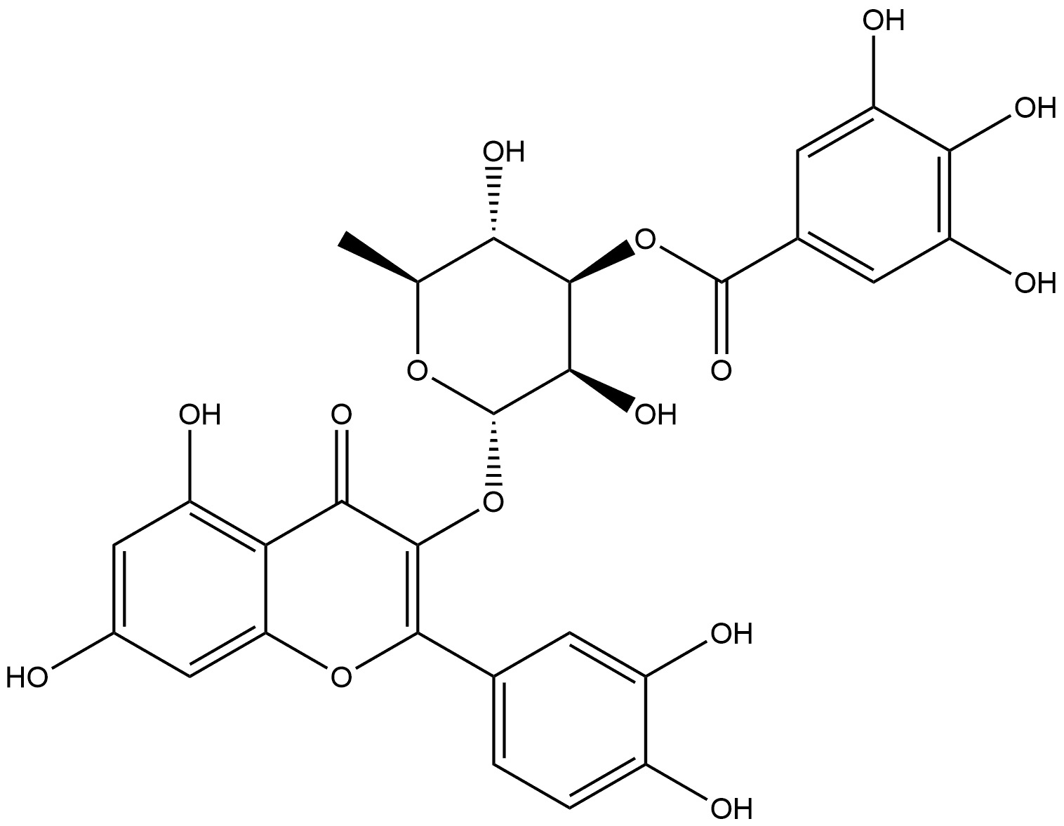 4H-1-Benzopyran-4-one, 3-[[6-deoxy-3-O-(3,4,5-trihydroxybenzoyl)-α-L-mannopyranosyl]oxy]-2-(3,4-dihydroxyphenyl)-5,7-dihydroxy-,503446-90-0,结构式