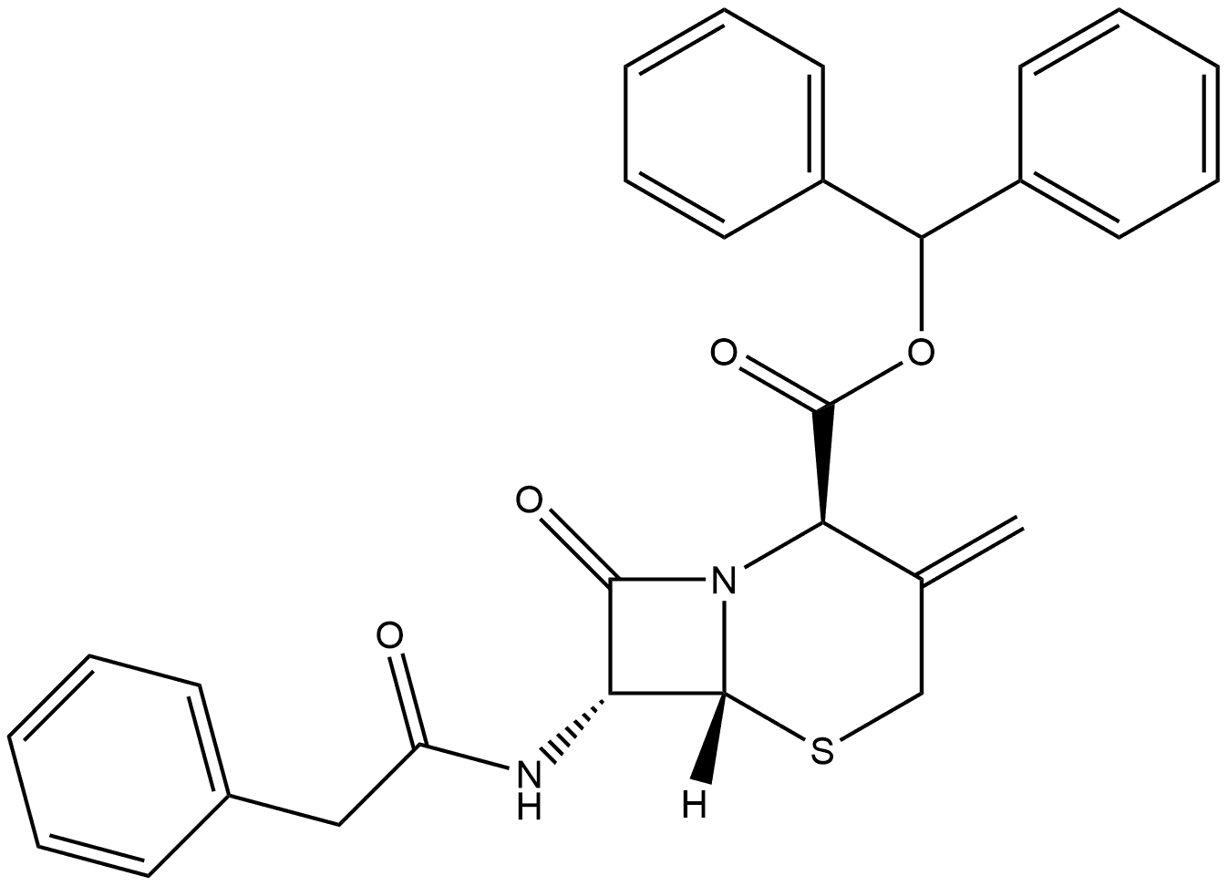 5-Thia-1-azabicyclo[4.2.0]octane-2-carboxylic acid, 3-methylene-8-oxo-7-[(phenylacetyl)amino]-, diphenylmethyl ester, [2R-(2α,6α,7β)]- (9CI) Struktur