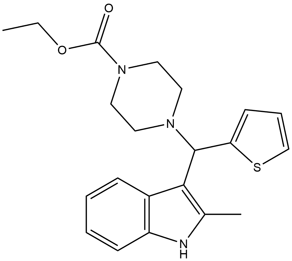 1-Piperazinecarboxylic acid, 4-[(2-methyl-1H-indol-3-yl)-2-thienylmethyl]-, ethyl ester 结构式