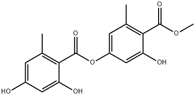 Benzoic acid, 2,4-dihydroxy-6-methyl-, 3-hydroxy-4-(methoxycarbonyl)-5-methylphenyl ester Struktur