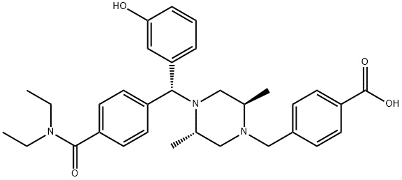 Benzoic acid, 4-[[(2R,5S)-4-[(R)-[4-[(diethylamino)carbonyl]phenyl](3-hydroxyphenyl)methyl]-2,5-dimethyl-1-piperazinyl]methyl]- 化学構造式