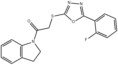 2-((5-(2-氟苯基)-1,3,4-恶二唑-2-基)硫基)-1-(吲哚啉-1-基)乙酮, 571904-77-3, 结构式