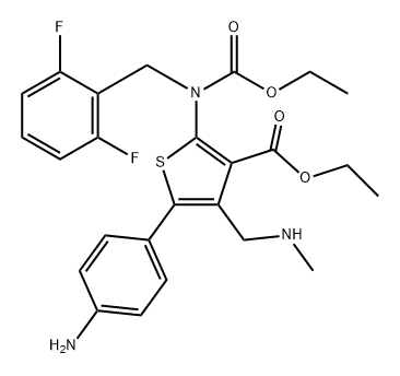 3-Thiophenecarboxylic acid, 5-(4-aminophenyl)-2-[[(2,6-difluorophenyl)methyl](ethoxycarbonyl)amino]-4-[(methylamino)methyl]-, ethyl ester Structure