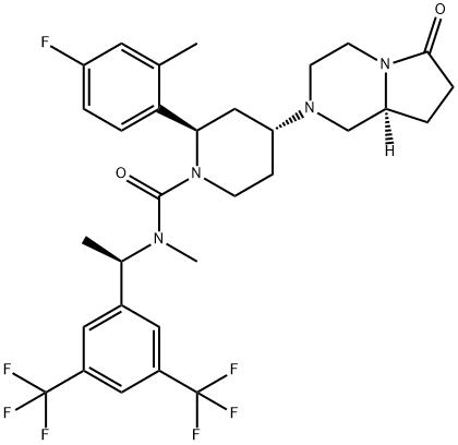 1-Piperidinecarboxamide, N-[(1R)-1-[3,5-bis(trifluoromethyl)phenyl]ethyl]-2-(4-fluoro-2-methylphenyl)-4-[(8aS)-hexahydro-6-oxopyrrolo[1,2-a]pyrazin-2(1H)-yl]-N-methyl-, (2R,4R)- Struktur