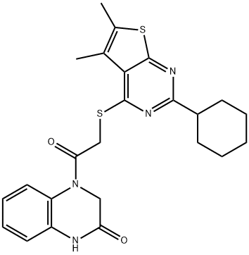 4-(2-((2-Cyclohexyl-5,6-dimethylthieno[2,3-d]pyrimidin-4-yl)thio)acetyl)-3,4-dihydroquinoxalin-2(1H)-one Structure
