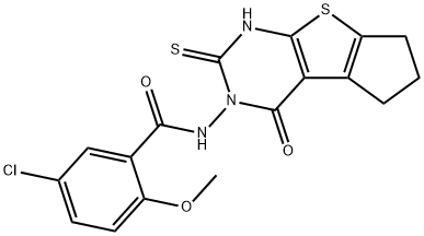 5-chloro-2-methoxy-N-(1-oxo-3-sulfanylidene-4,6,7,8-tetrahydrocyclopenta[2,3]thieno[2,4-b]pyrimidin-2-yl)benzamide Struktur