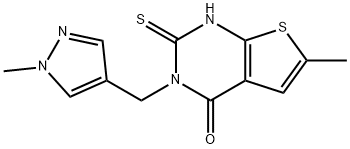 6-methyl-3-[(1-methylpyrazol-4-yl)methyl]-2-sulfanylidene-1H-thieno[2,3-d]pyrimidin-4-one 化学構造式