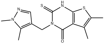 3-[(1,5-dimethylpyrazol-4-yl)methyl]-5,6-dimethyl-2-sulfanylidene-1H-thieno[2,3-d]pyrimidin-4-one,590350-13-3,结构式