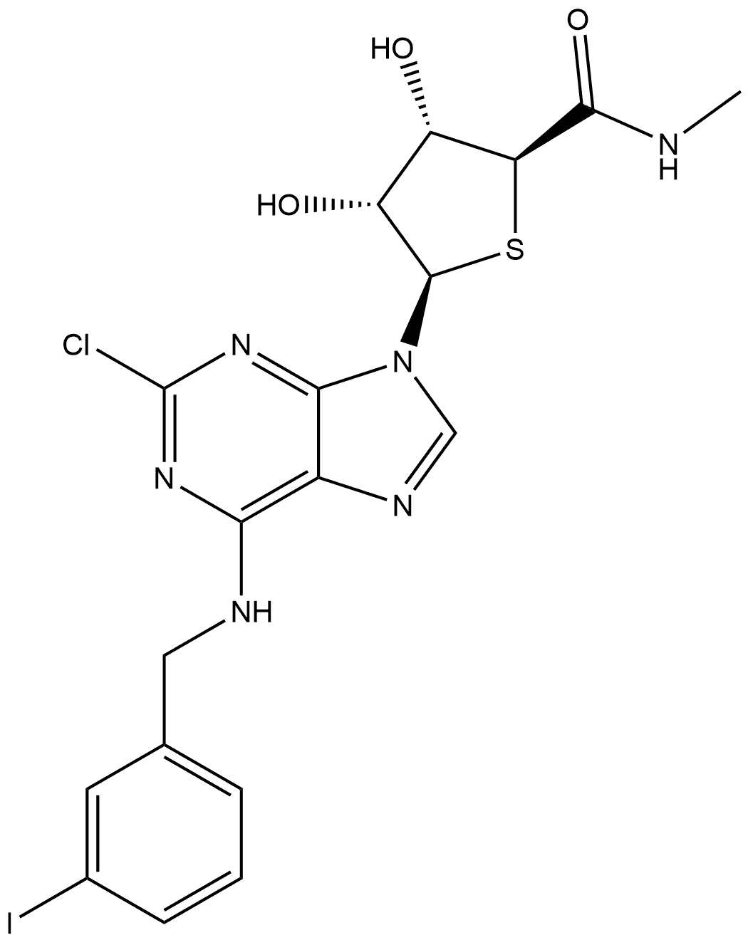1-[2-Chloro-6-[[(3-iodophenyl)methyl]amino]-9H-purin-9-yl]-1-deoxy-N-methyl-4-thio-β-D-ribofuranuronamide,596103-01-4,结构式