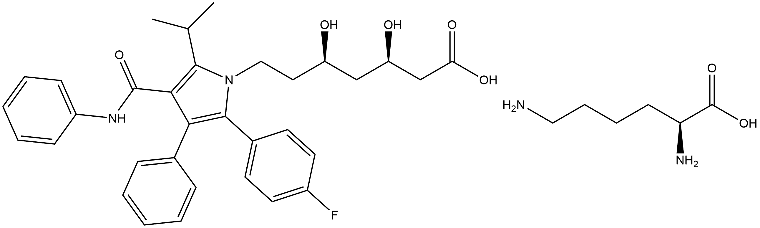L-Lysine, (βR,δR)-2-(4-fluorophenyl)-β,δ-dihydroxy-5-(1-methylethyl)-3-phenyl-4-[(phenylamino)carbonyl]-1H-pyrrole-1-heptanoate (1:1) 化学構造式