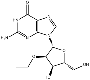 2-Amino-9-((2R,3R,4R,5R)-3-ethoxy-4-hydroxy-5-(hydroxymethyl)tetrahydrofuran-2-yl)-1H-purin-6(9H)-one Struktur