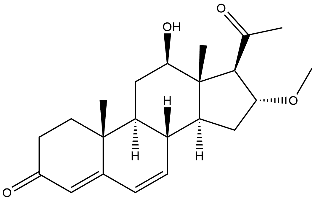Pregna-4,6-diene-3,20-dione, 12-hydroxy-16-methoxy-, (12β,16α)- (9CI) 化学構造式