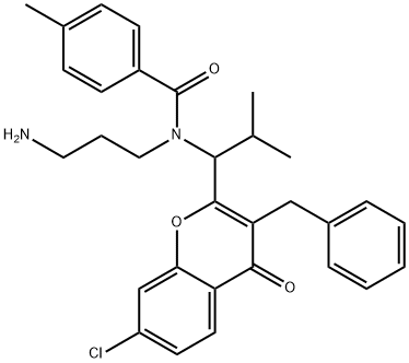 Benzamide, N-(3-aminopropyl)-N-[1-[7-chloro-4-oxo-3-(phenylmethyl)-4H-1-benzopyran-2-yl]-2-methylpropyl]-4-methyl- Struktur