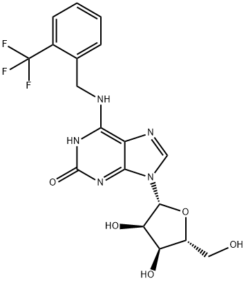 9-((2R,3R,4S,5R)-3,4-Dihydroxy-5-(hydroxymethyl)tetrahydrofuran-2-yl)-6-((2-(trifluoromethyl)benzyl)amino)-1H-purin-2(9H)-one 化学構造式