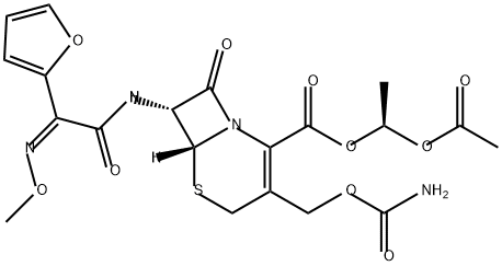 5-Thia-1-azabicyclo[4.2.0]oct-2-ene-2-carboxylic acid, 3-[[(aminocarbonyl)oxy]methyl]-7-[[(2Z)-2-(2-furanyl)-2-(methoxyimino)acetyl]amino]-8-oxo-, (1S)-1-(acetyloxy)ethyl ester, (6R,7R)- 化学構造式