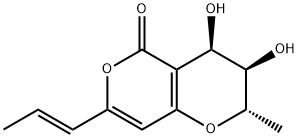 2H,5H-Pyrano[4,3-b]pyran-5-one, 3,4-dihydro-3,4-dihydroxy-2-methyl-7-(1E)-1-propen-1-yl-, (2S,3R,4R)- Struktur