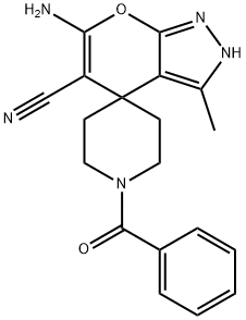 6-amino-3-methyl-2,4-dihydropyrano[2,3-c]pyrazole-5-carbonitrile-4-spiro-4'-(1'-benzoylpiperidine) 化学構造式